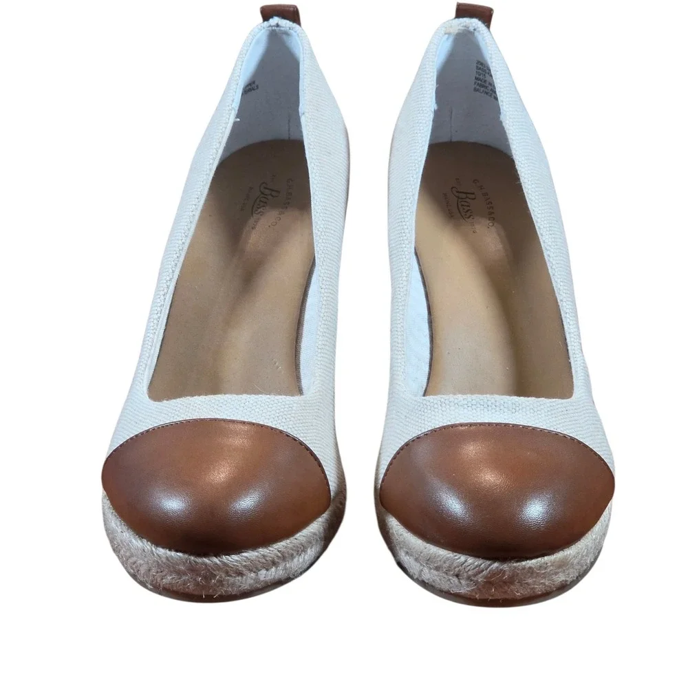 G.H. Bass & Co Kaitlyn Espadrille Wedges Cream Brown Cap Toe Canvas Shoes 8.5M
